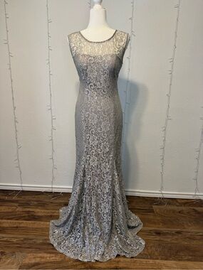 Betsy & Adam Silver Lace Maxi Evening Gown